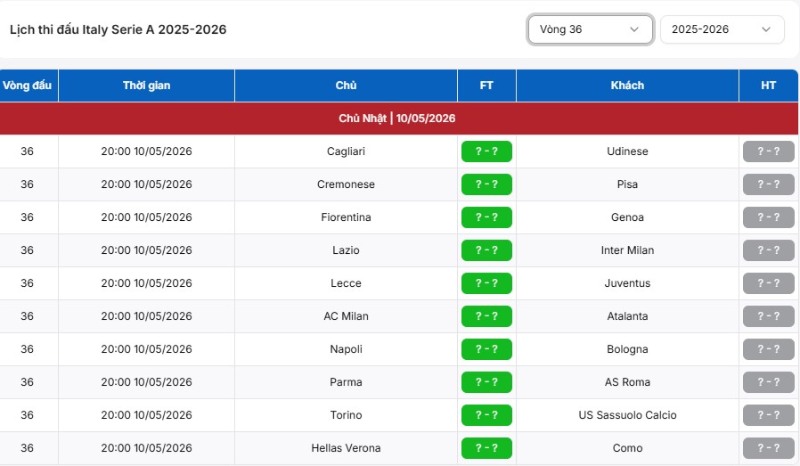 Xem lịch thi đấu Serie A mới nhất tại KQBD 247